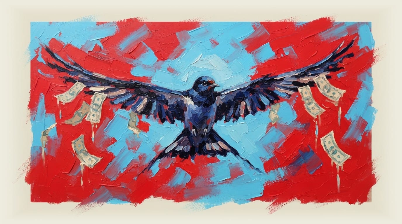 Bird with extremely long outstretched wings dripping cash from the wing tips