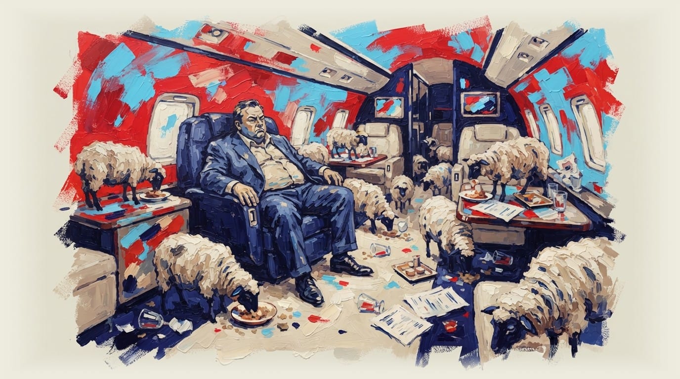 Billionaire sitting in luxury private jet cabin with sheep scattered throughout the interior