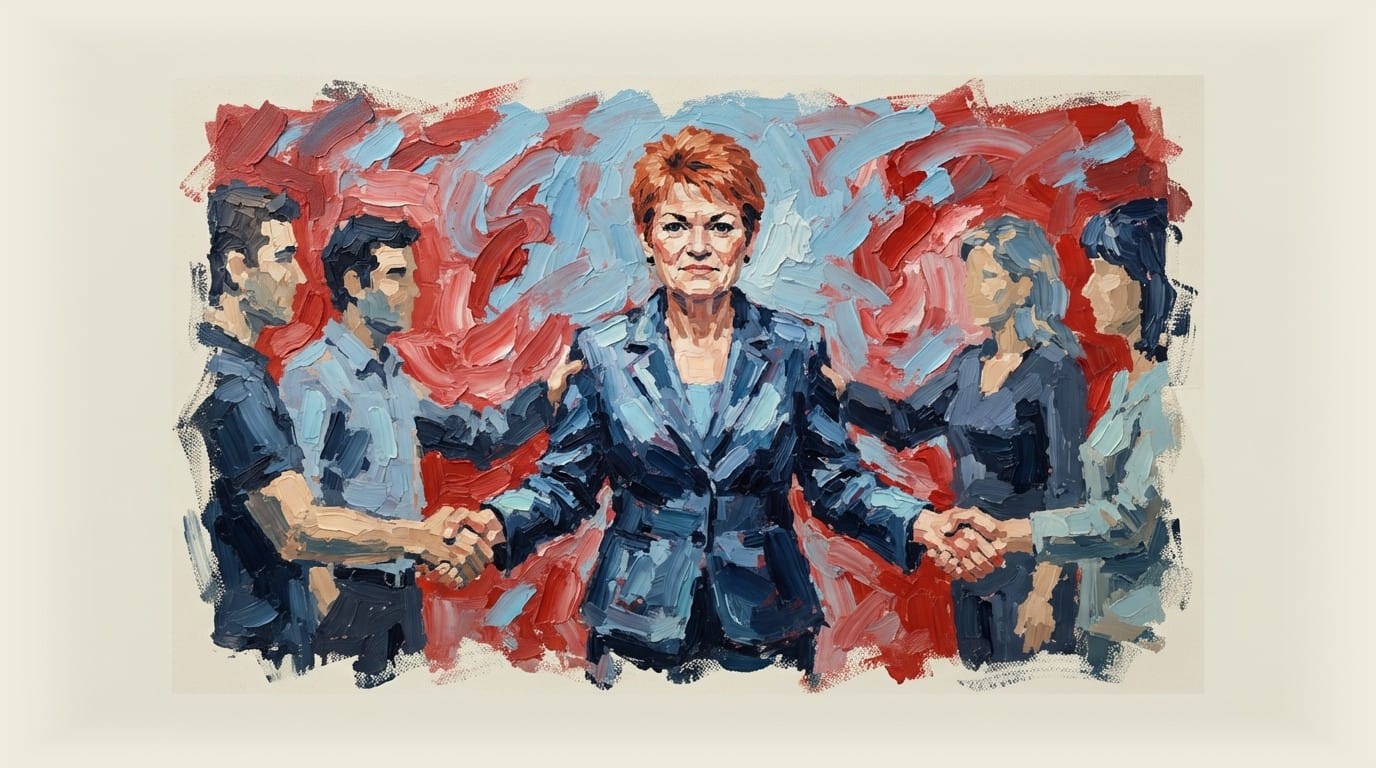 Pauline Hanson depicted with four arms simultaneously shaking hands with four different people