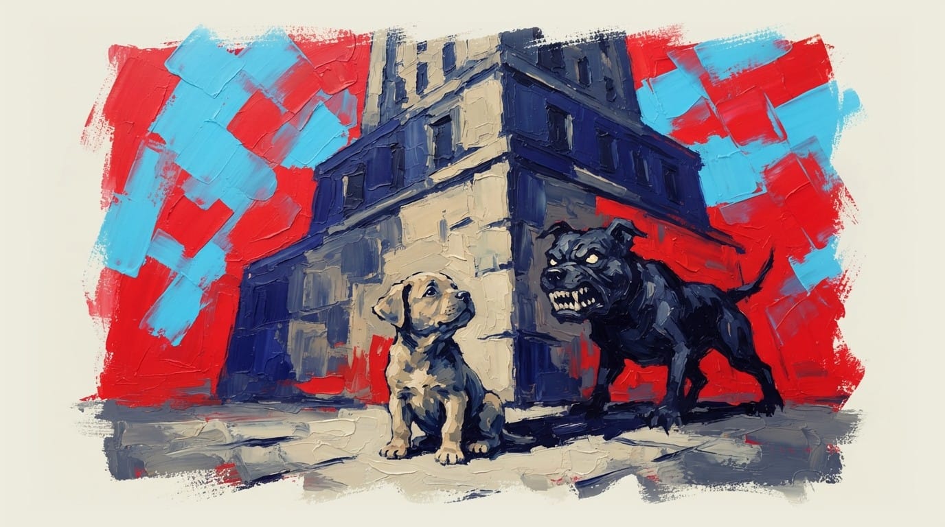 Small puppy sitting in front of a large building, shadow showing aggressive pit-bull with bared teeth