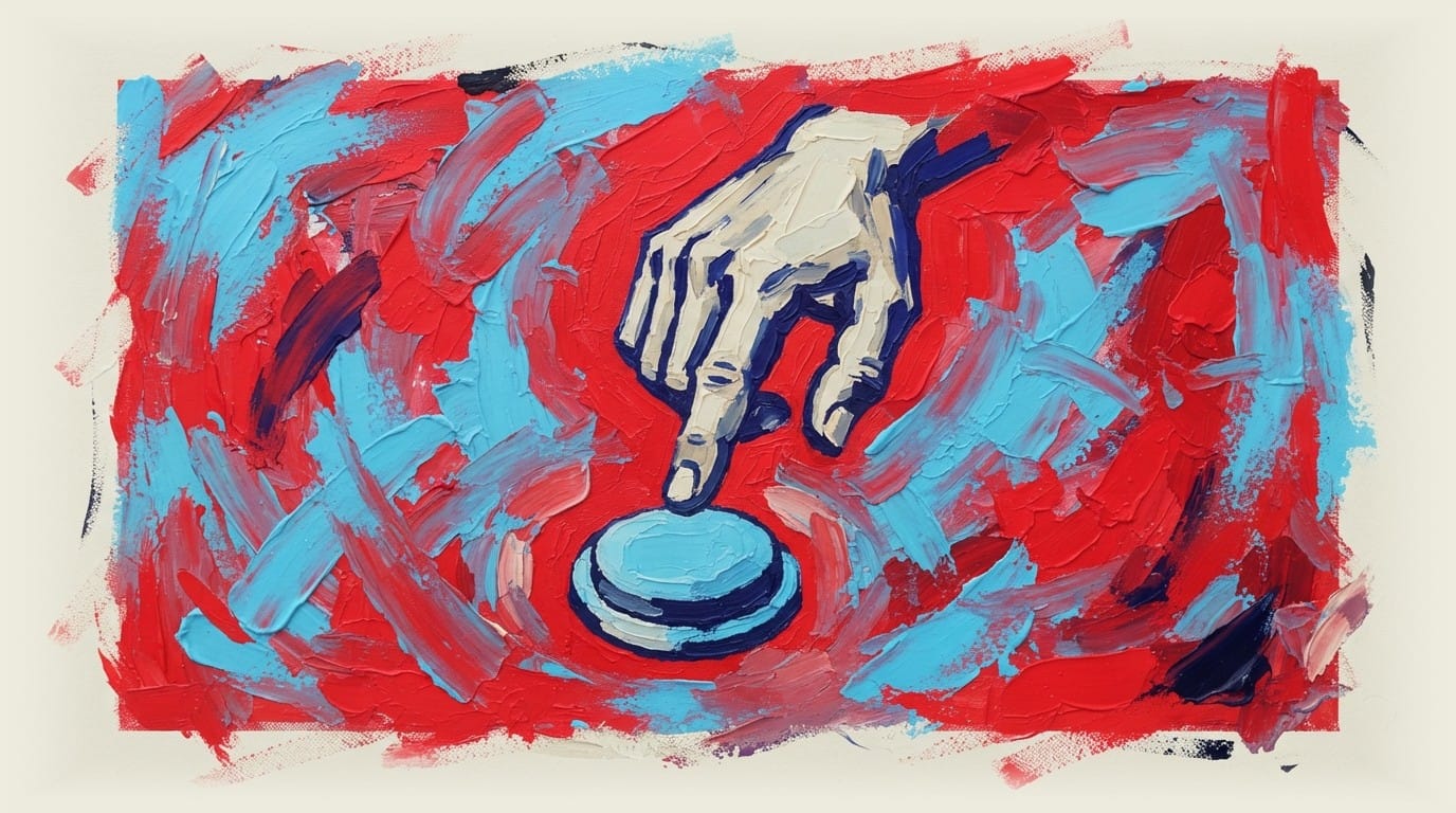 Hand positioned above a pause button, symbolizing hesitation or delay in decision-making.