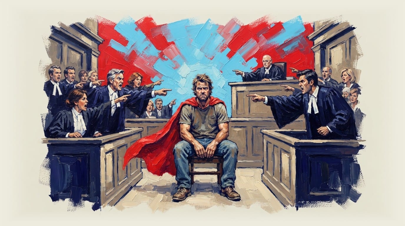 Man in superhero cape stands in courtroom while others point at him in anger