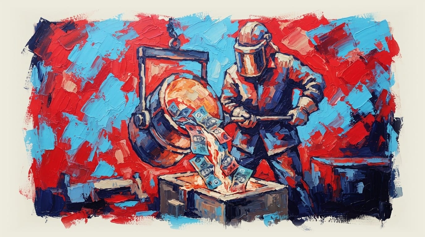 Worker in safety gear pouring Australian dollar notes into a mould instead of molten aluminium