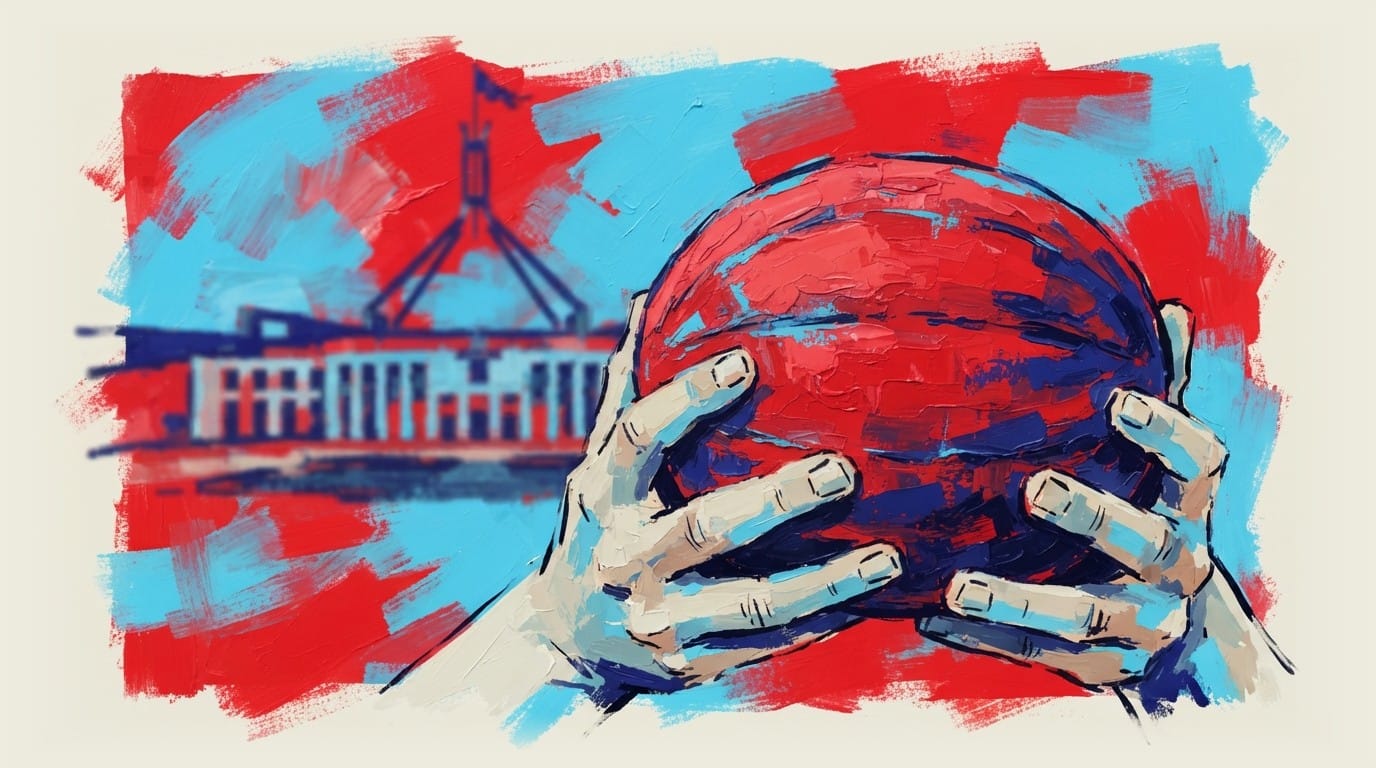 Hands holding oversized melons with blurred Parliament House in the background
