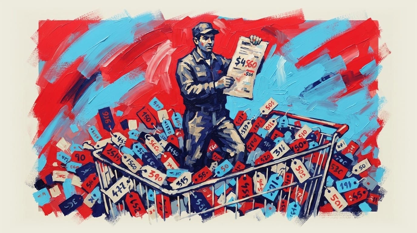 Worker holding pay slip amid overflowing shopping cart filled with price tags, illustrating wage gains versus rising costs.
