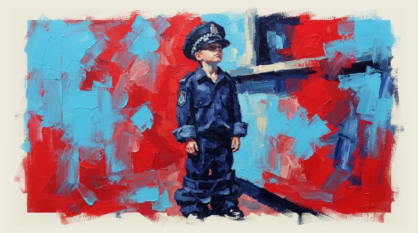 Young boy in oversized Australian police uniform standing at station counter