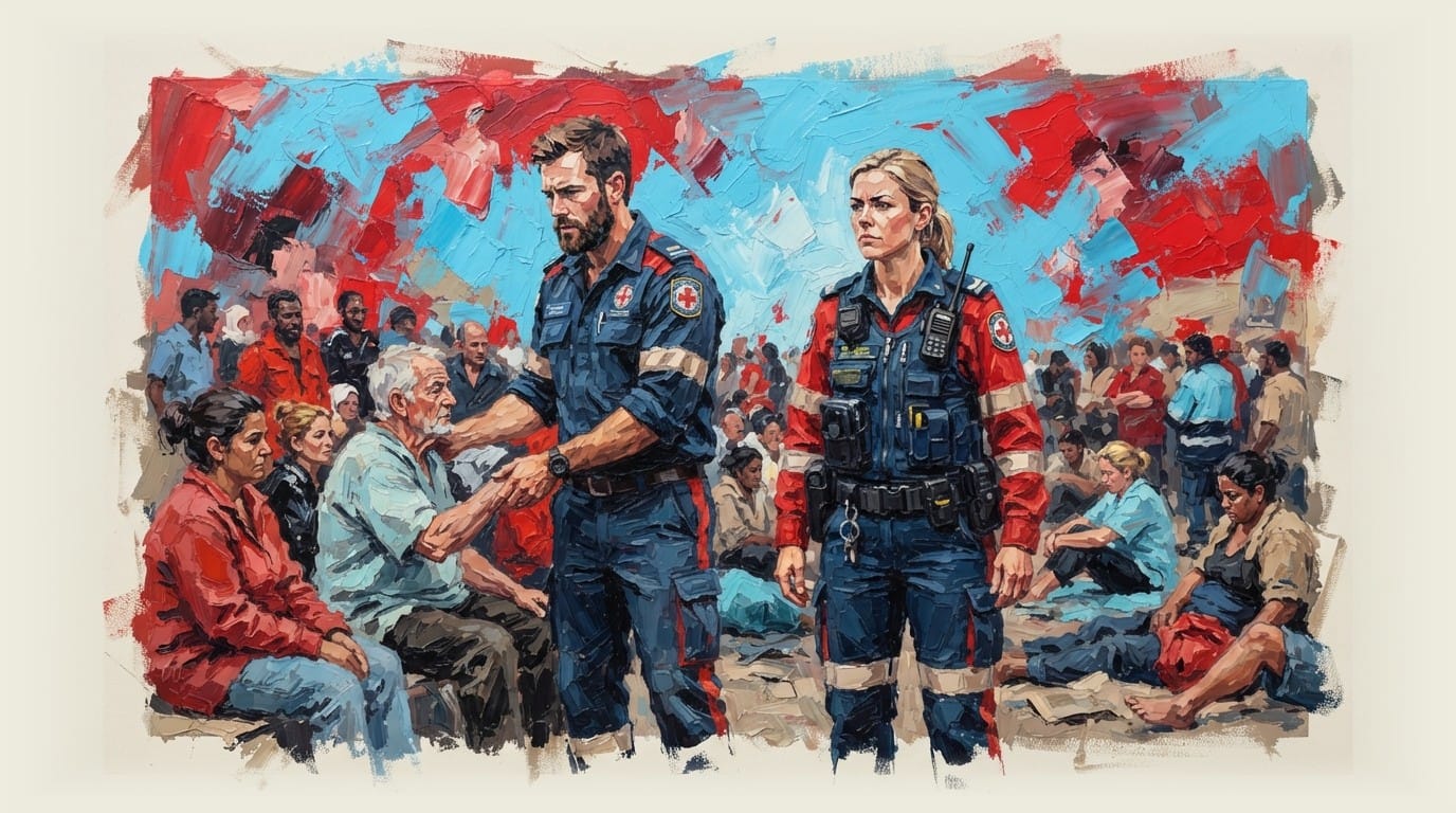 Two paramedics stand before a large group of waiting patients in a field setting.