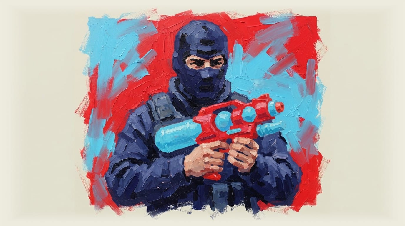 Masked figure holding a toy water pistol, illustrating irony of gun control effectiveness