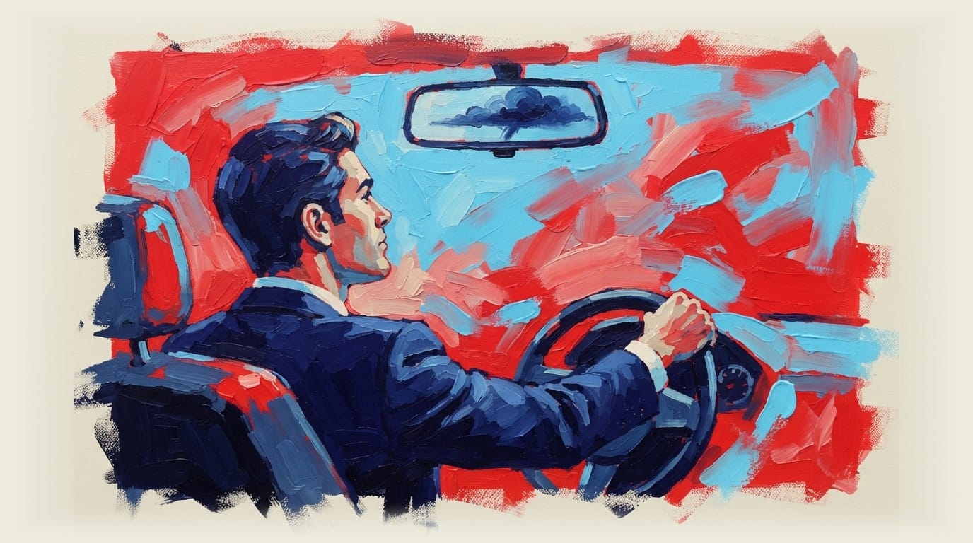 Confident businessman in suit checks rearview mirror while driving, clear road ahead, storm cloud shrinking in distance behin