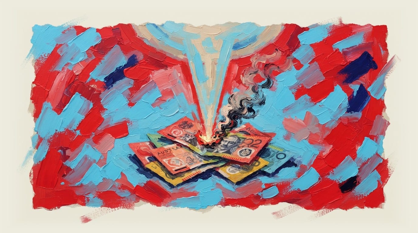 Laser beam focusing onto Australian currency with smoke effect representing concentrated investment