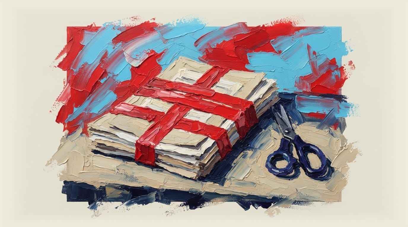 Red tape wrapped around project plan documents with scissors on desk