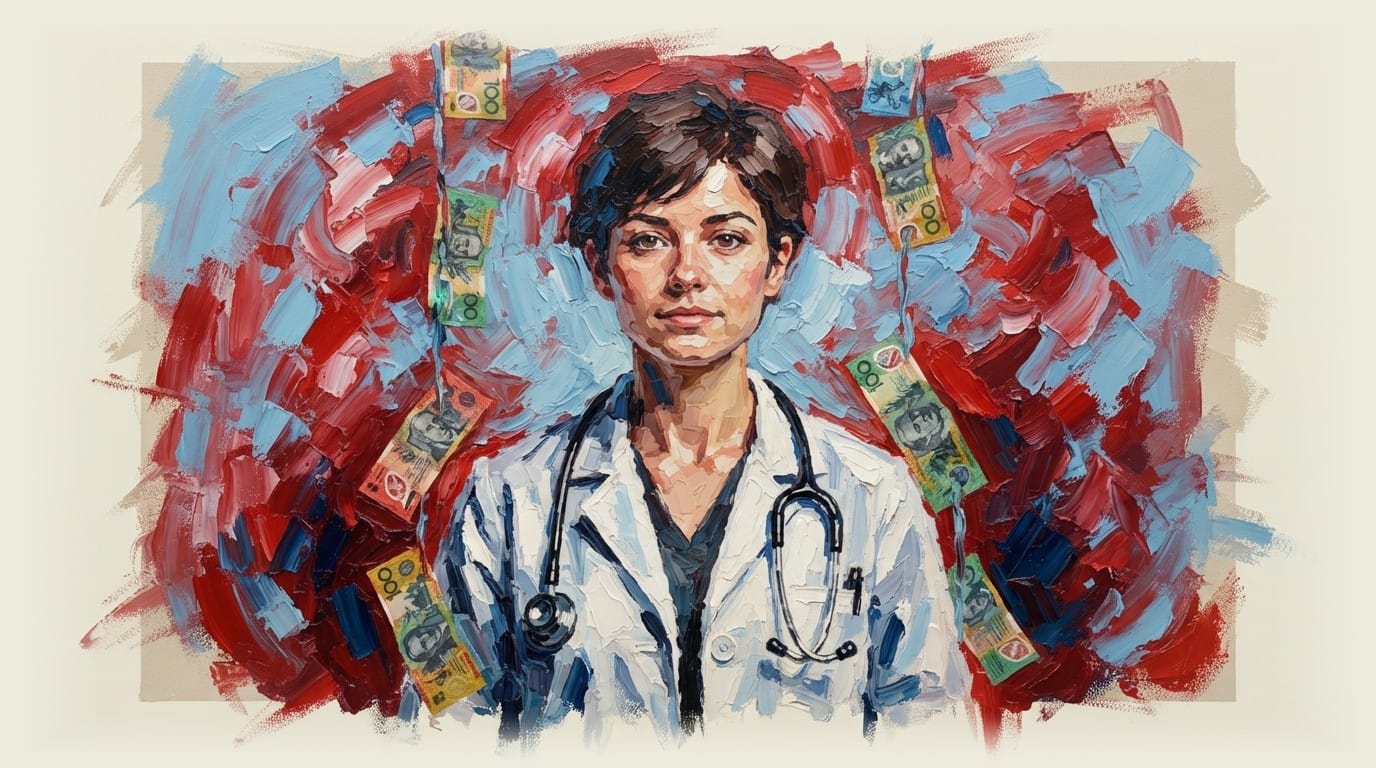 Doctor wearing stethoscope with Australian dollar notes hanging around neck