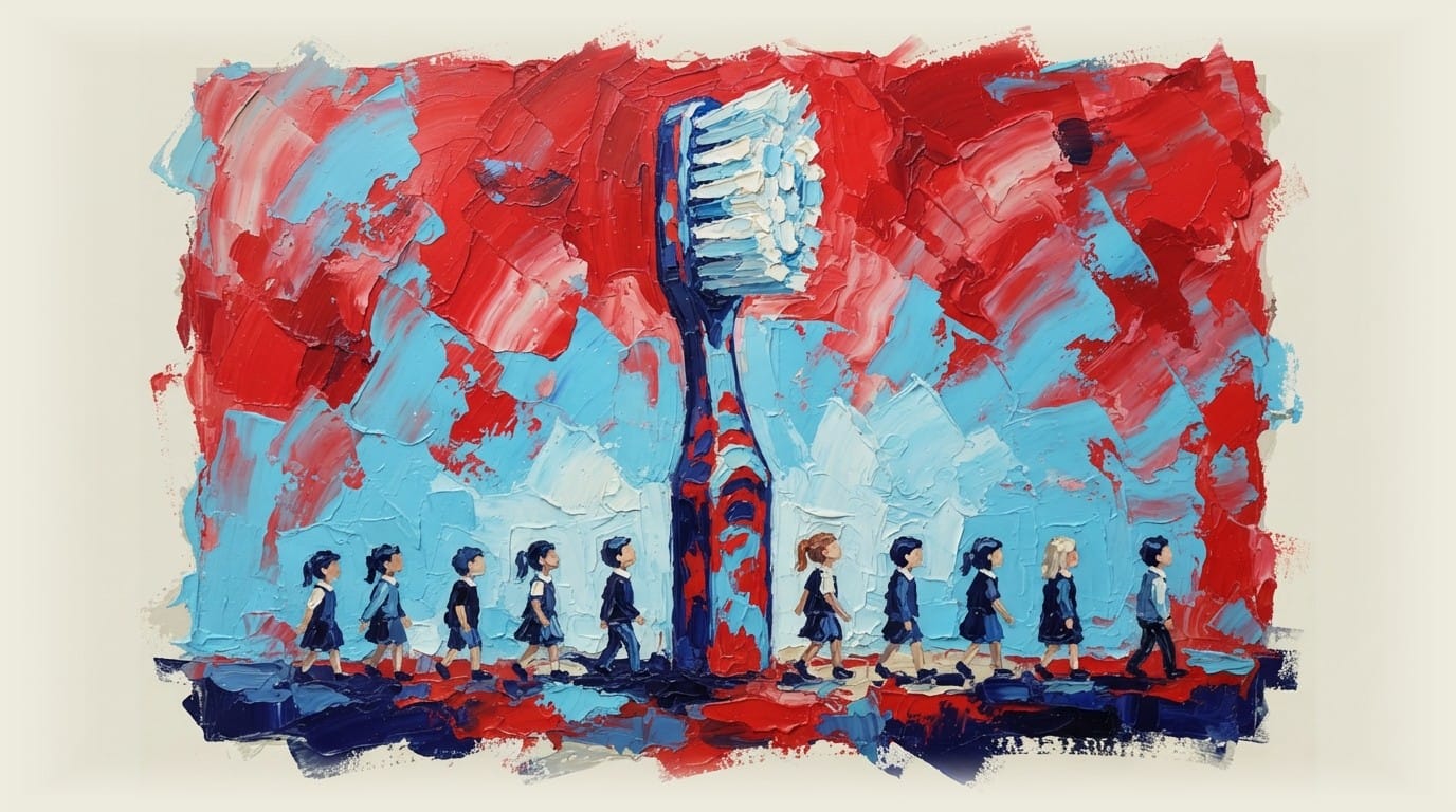 Giant toothbrush towering over a line of small children, emphasizing the scale of a dental health program.
