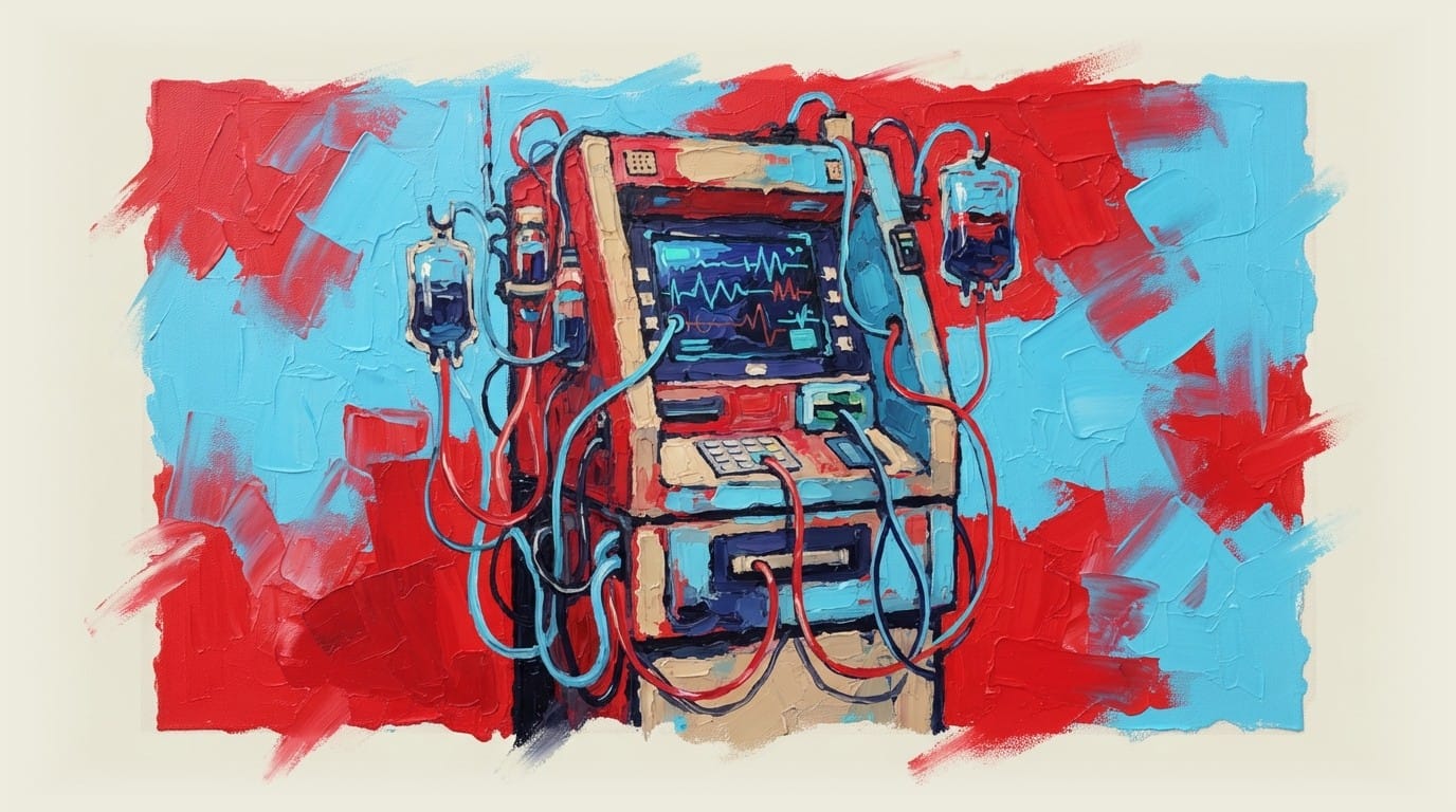 ATM machine surrounded by medical tubes and monitors like a hospital life-support system