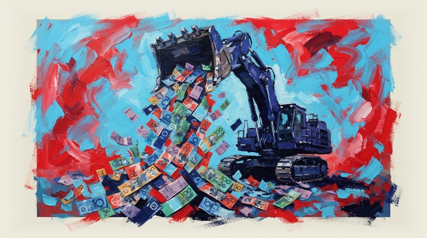 Mining excavator dumping Australian currency notes and coins