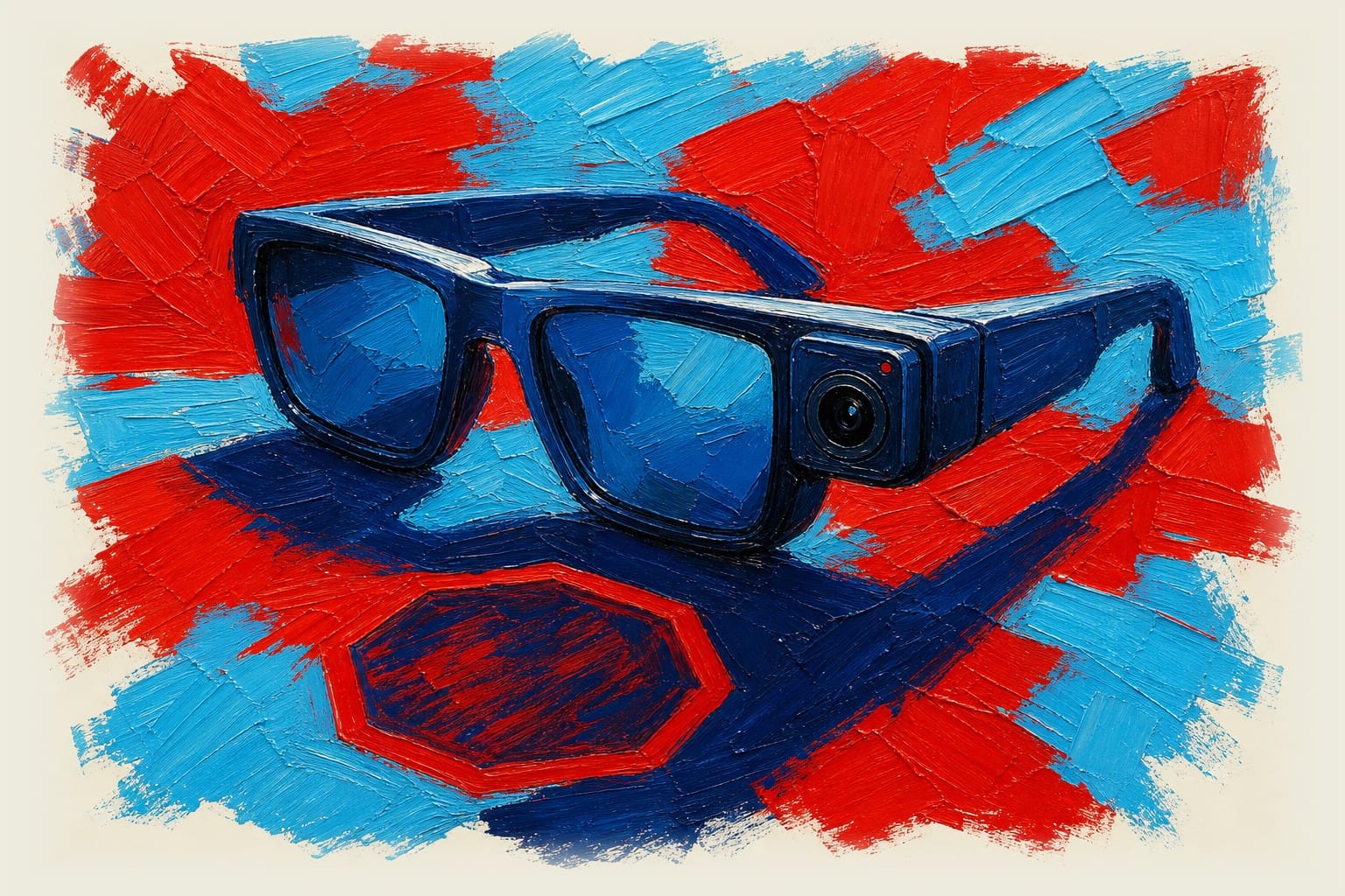 Smart glasses with camera lens on desk casting shadow of stop sign