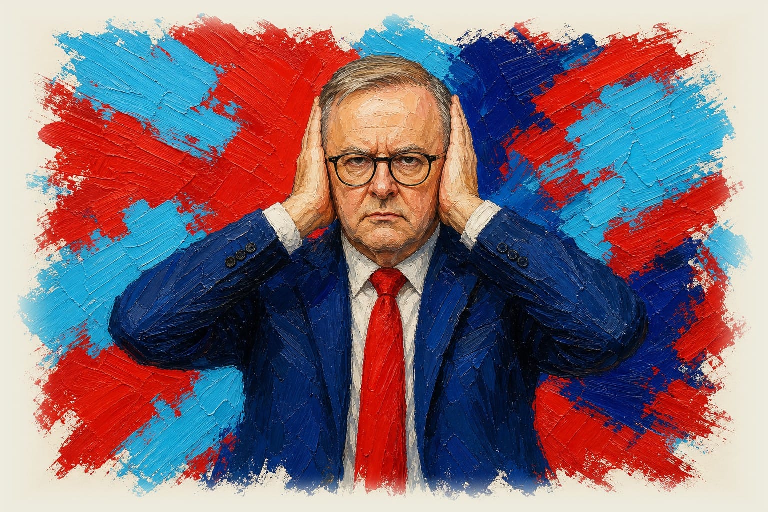 Anthony Albanese with hands covering both ears, facing camera