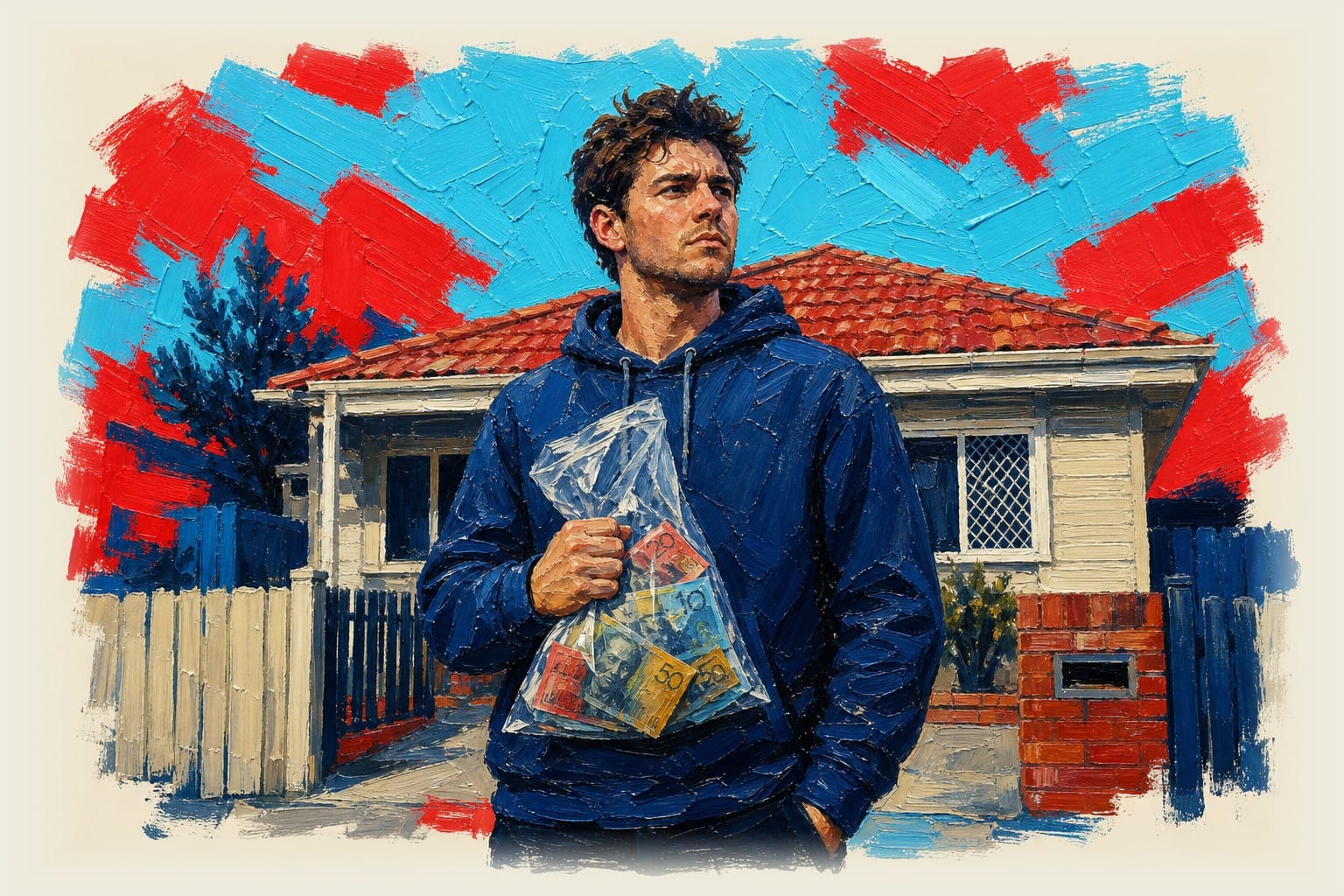 Renter holding bag of cash standing in front of Australian rental house