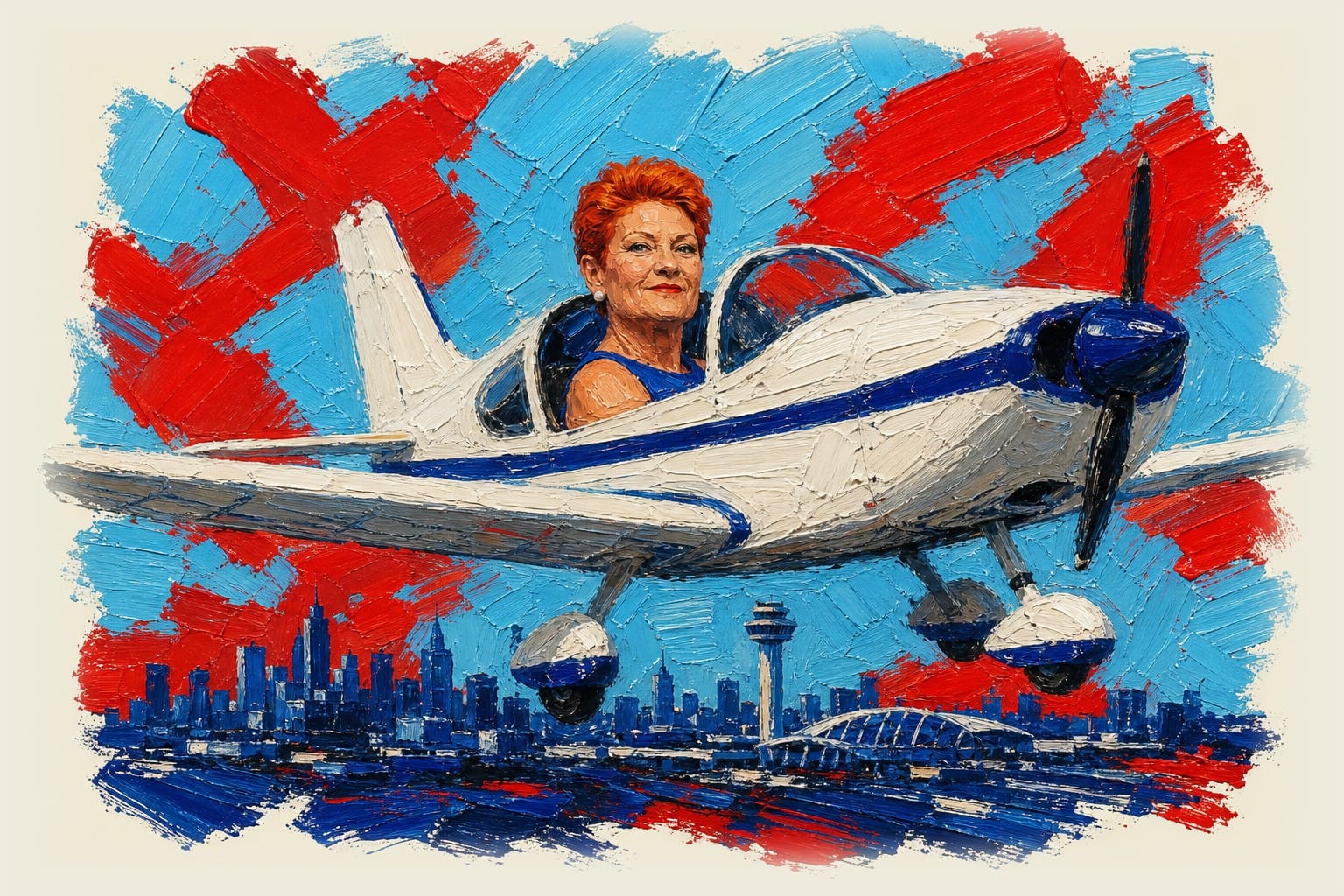 Pauline Hanson sitting in a light aircraft cockpit approaching Melbourne airport for landing.