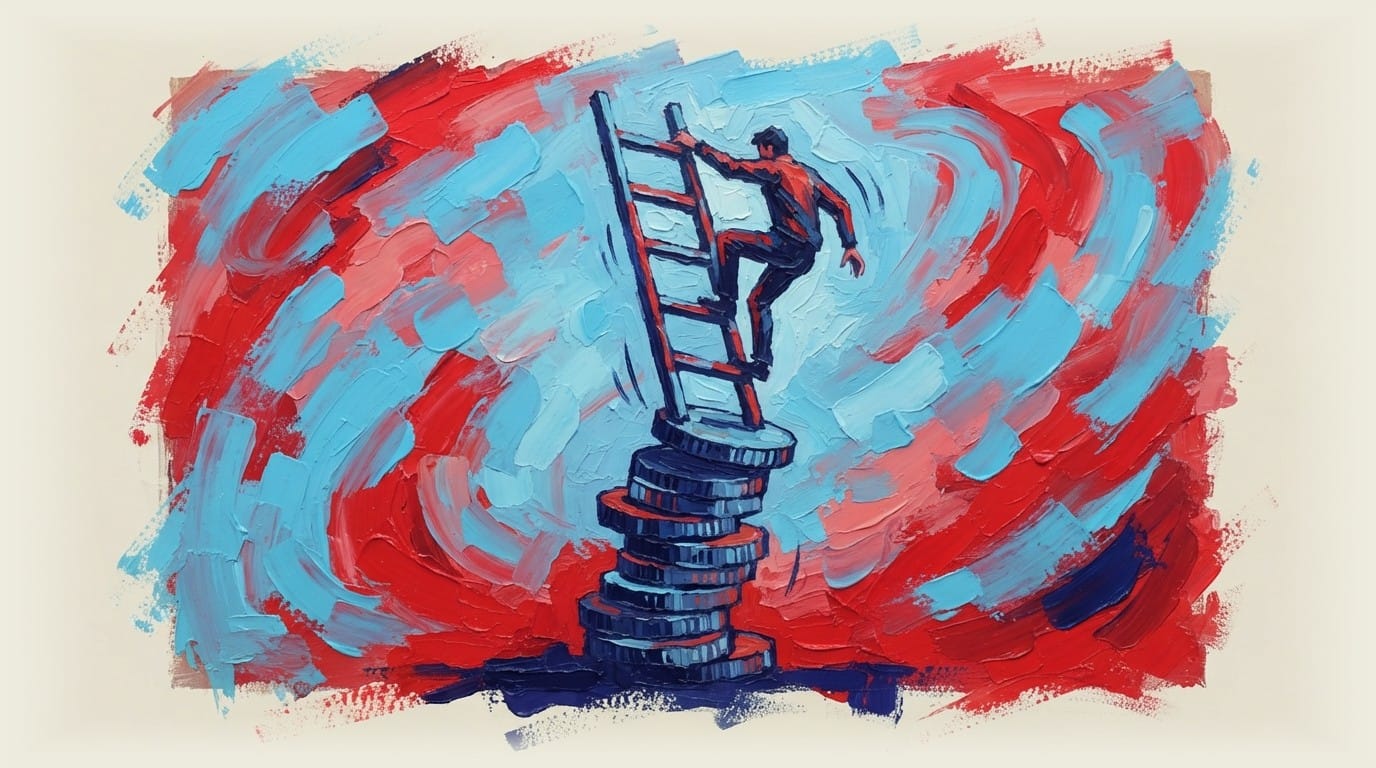 Person climbing an unstable ladder made of stacked coins, symbolizing the risks of mounting government debt over time.