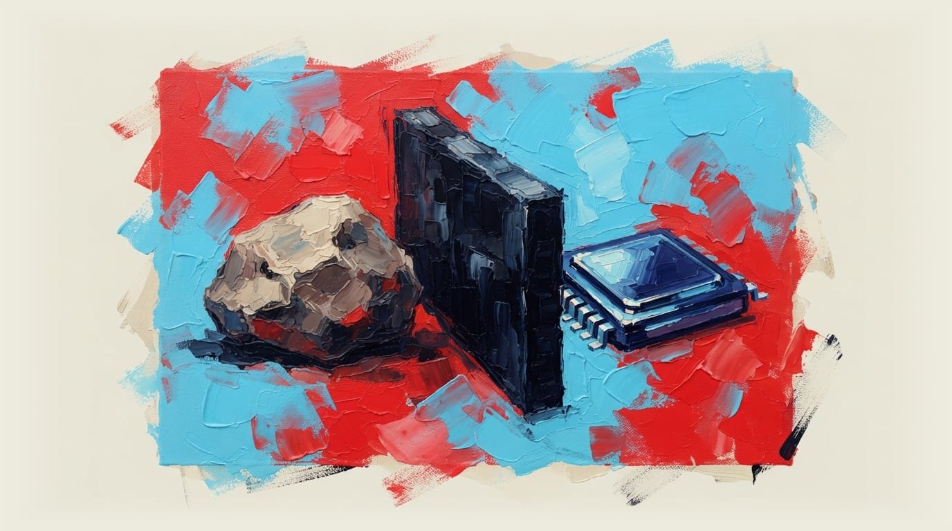 Raw unpolished rock next to gleaming microchip separated by thick fortress wall, representing Australia's mineral processing 
