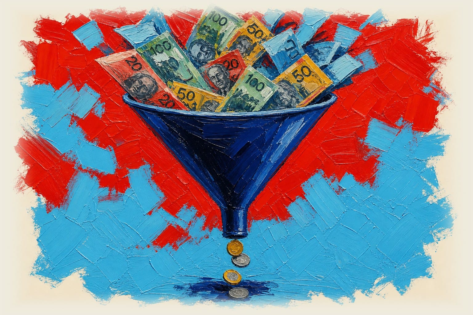 Funnel with Australian money pouring in top, few coins emerging from bottom, showing spending versus community impact gap.