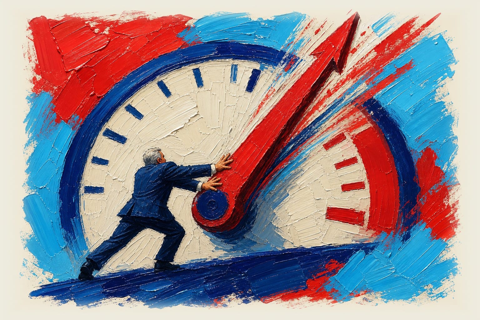Thermometer gauge needle swinging sharply upward with small figure bracing against movement, representing economic growth pre
