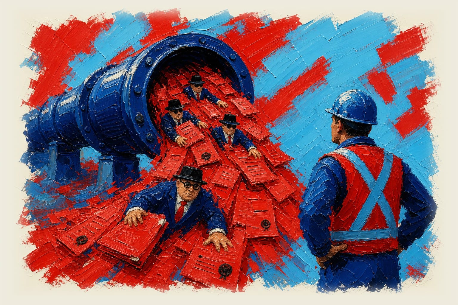 Construction worker observing a pipeline discharging red tape, paperwork, and bureaucratic figures