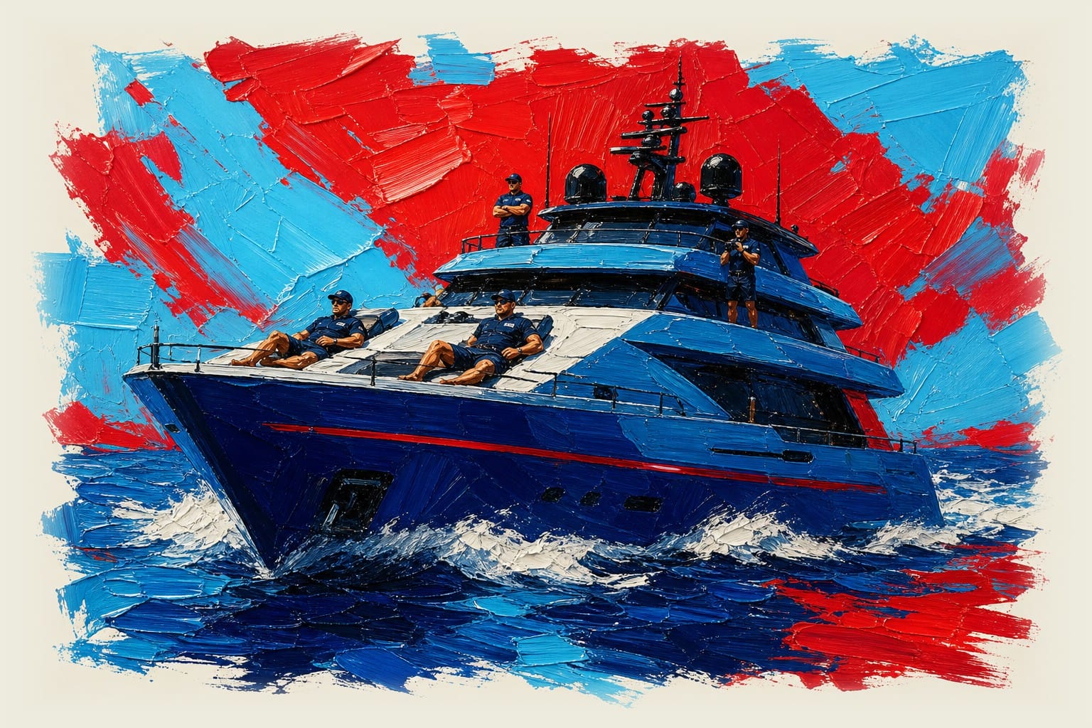 Drug enforcement officers relax on the deck of a luxury yacht-style boat used for offshore drug detection operations.