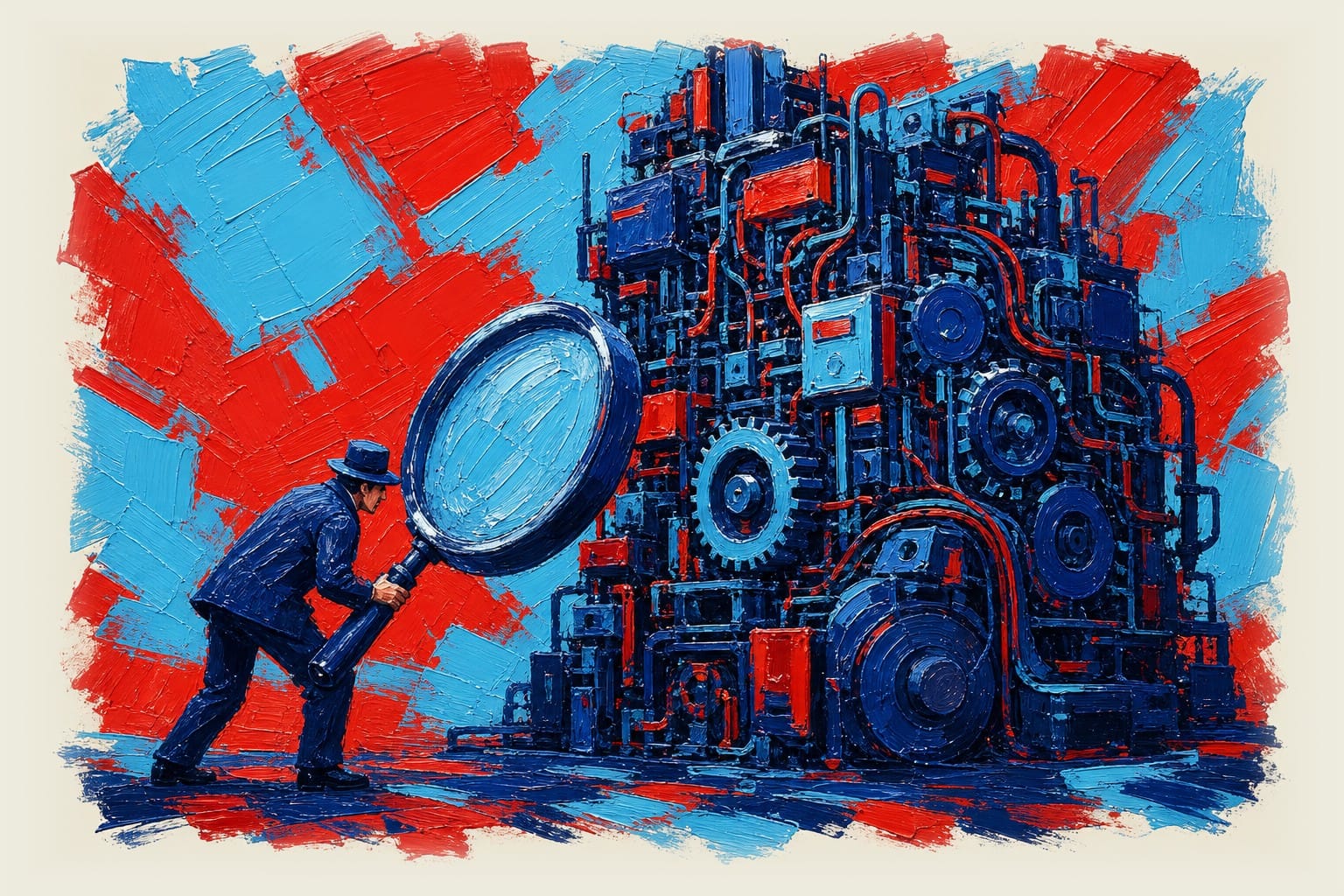 Regulator with oversized magnifying glass examining complex machine representing algorithmic systems