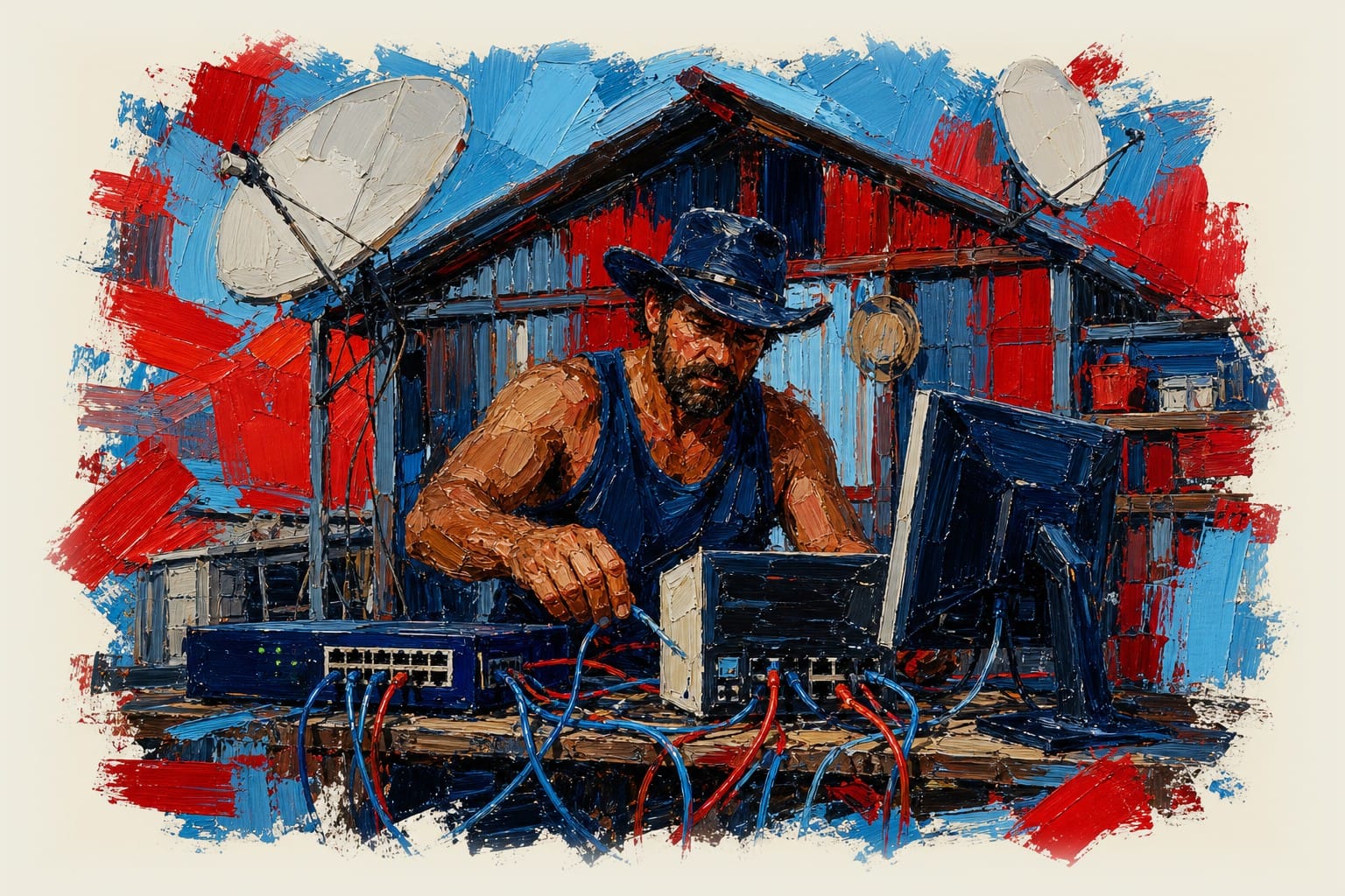 Australian man in a shed surrounded by computers connected with cables and satellite dishes