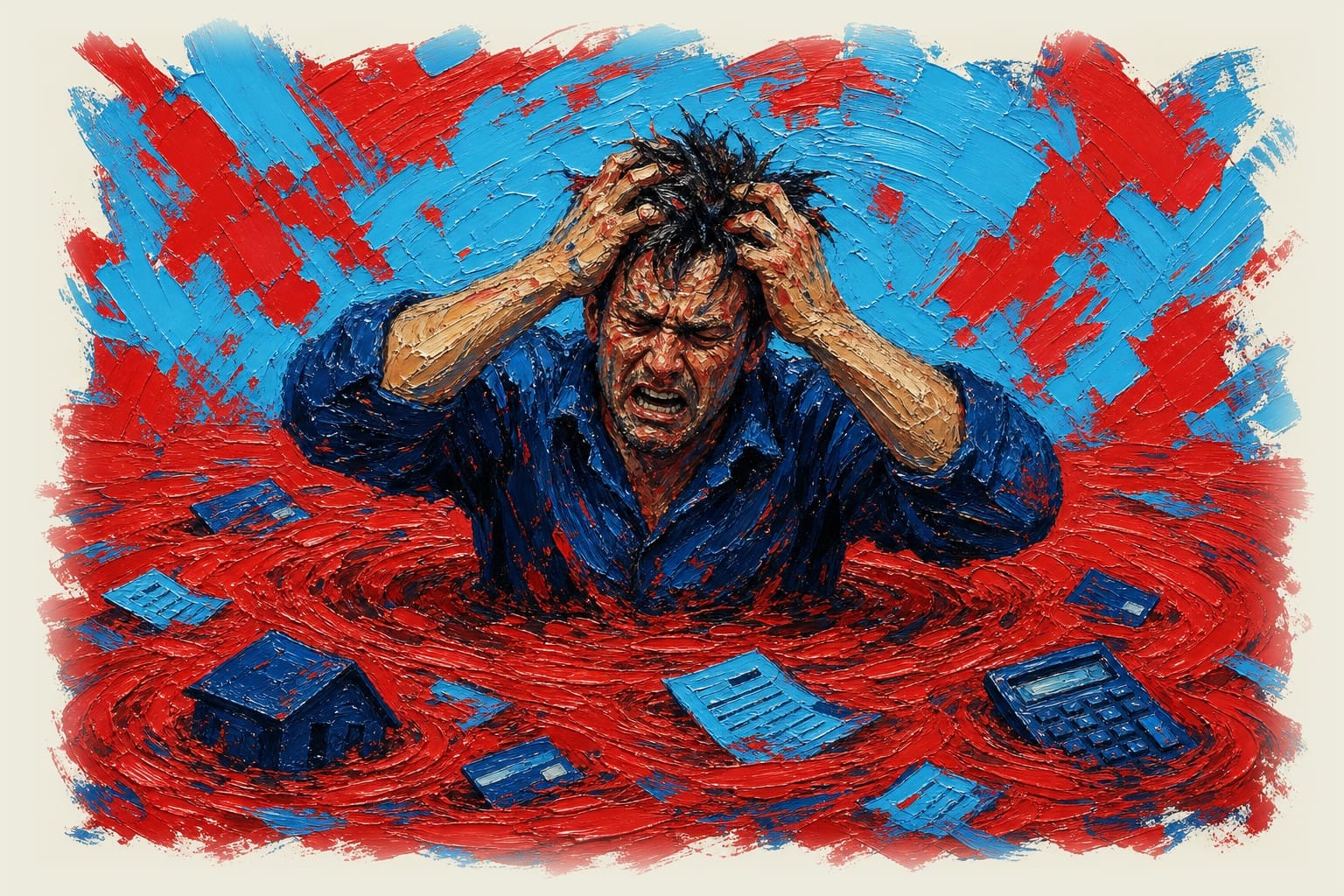Frustrated man sinking in quicksand pool, pulling at his hair in desperation over debt burden