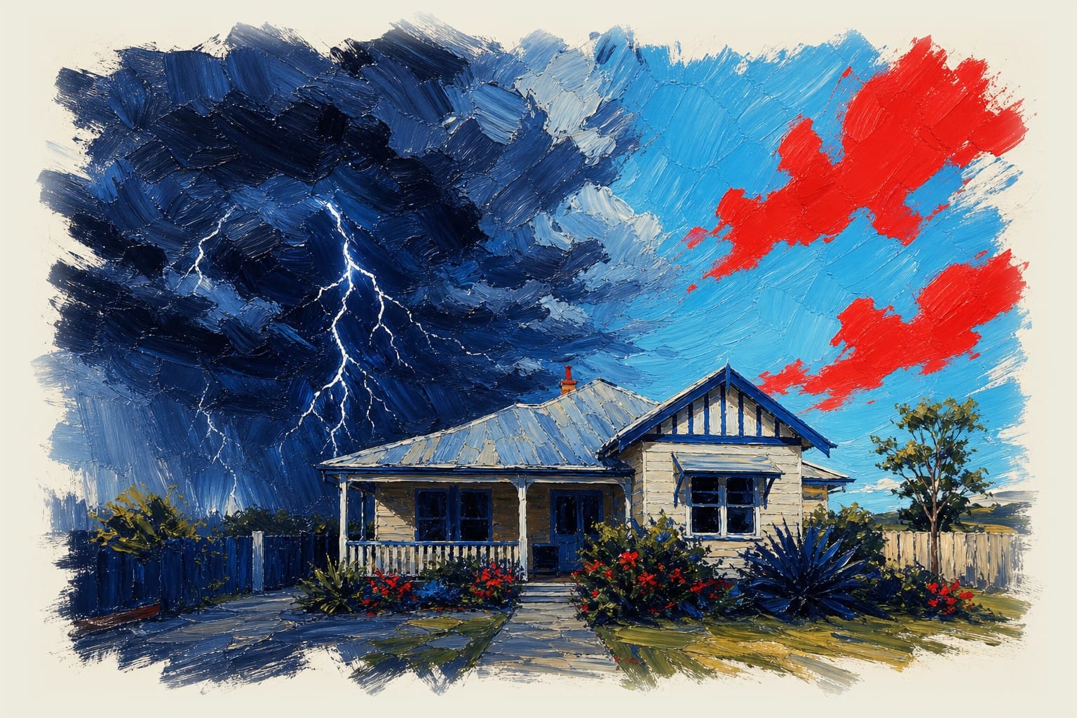 Australian home with half the sky darkened by heavy storm clouds and lightning approaching