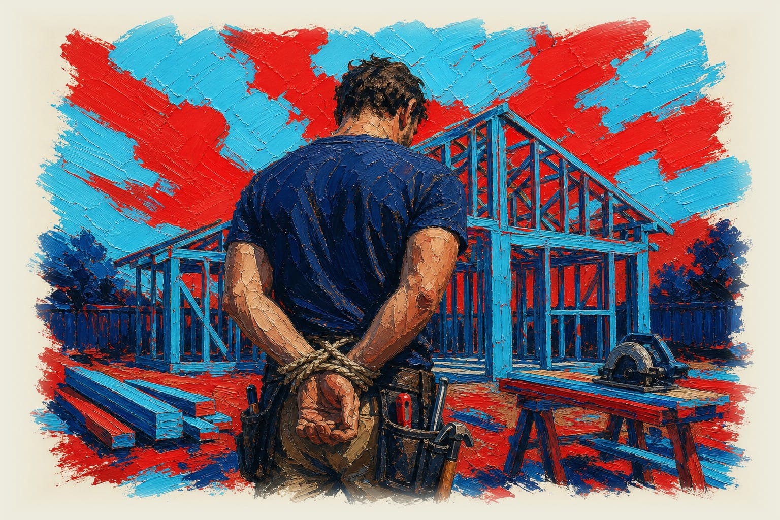 Carpenter with hands tied behind back standing before suburban house under construction
