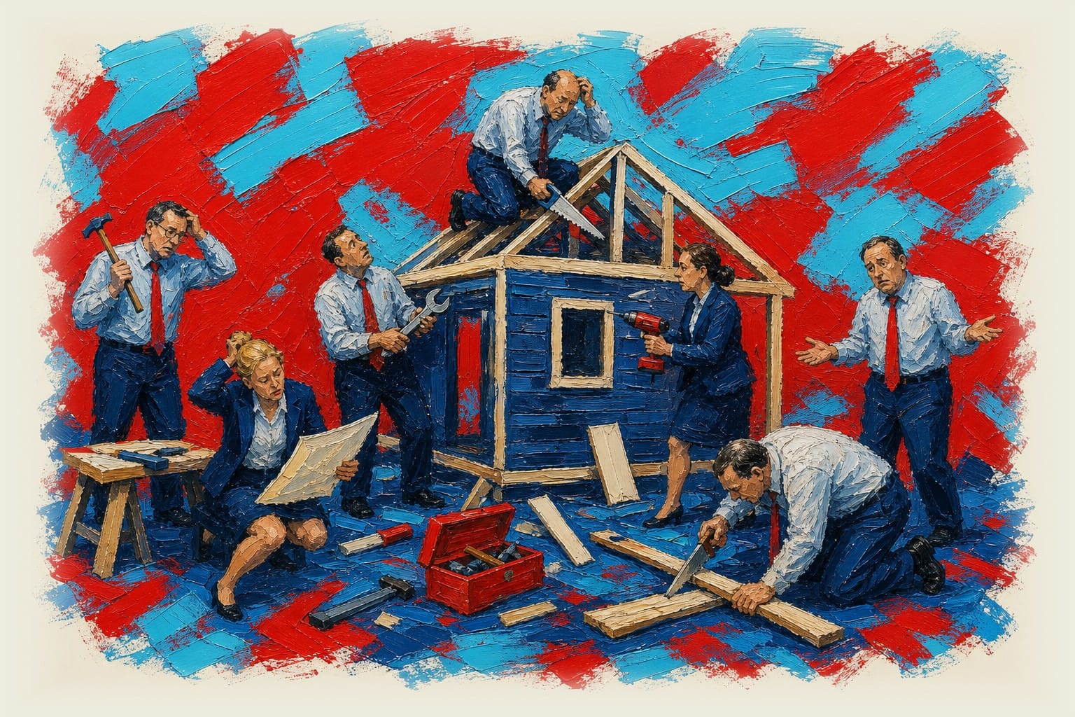 Confused bureaucrats in office clothing struggling to build a house with tools held incorrectly
