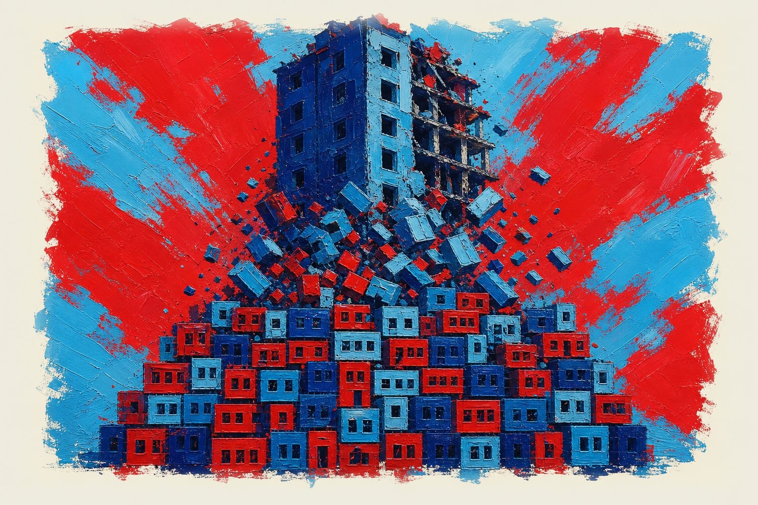 Half-demolished tower block collapsing with bricks transforming into stacked apartment buildings below