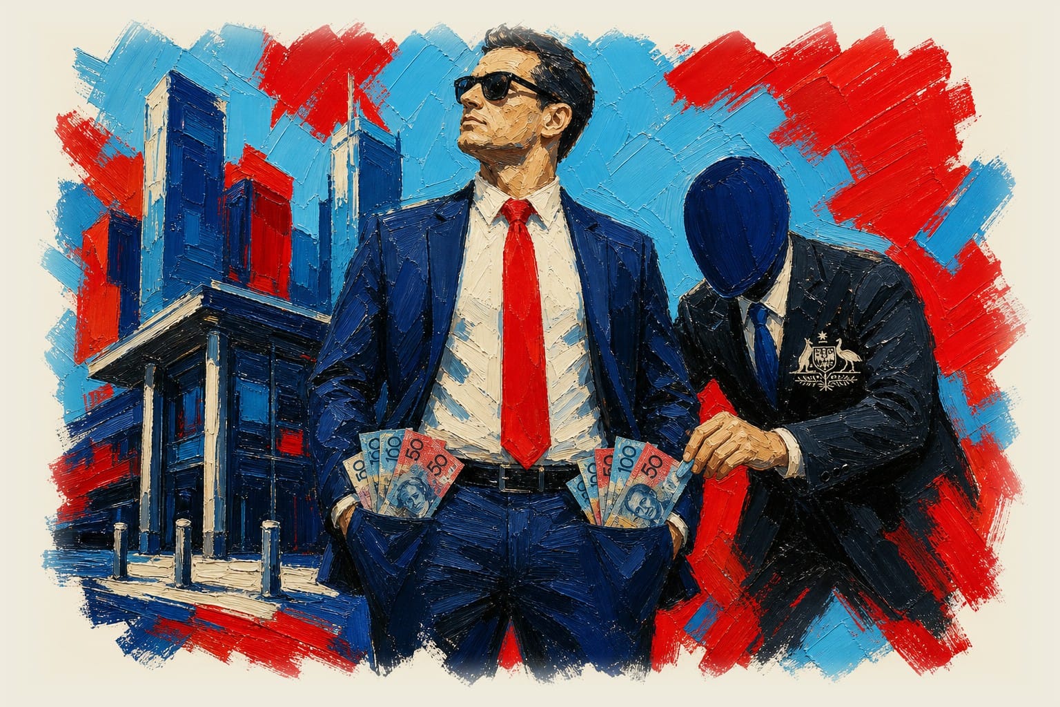Australian office worker standing outside city building with bulging pockets of cash while faceless treasury official attempt