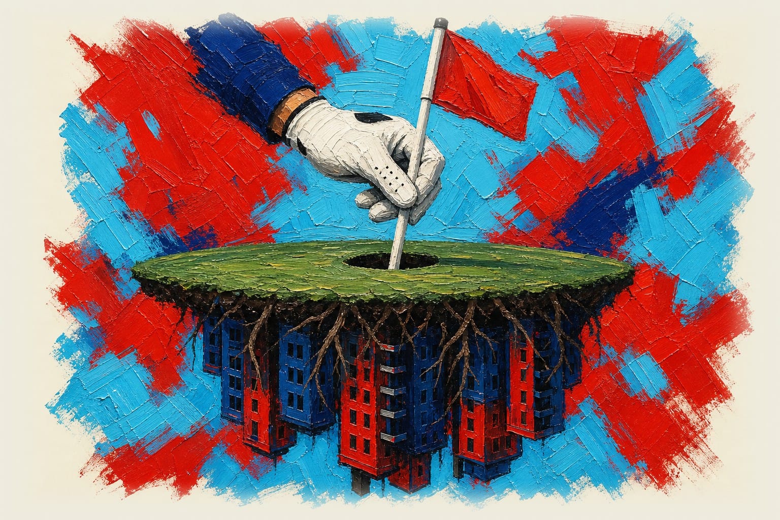 Golf flag and pin being pulled from grass with apartment building silhouettes emerging underneath.