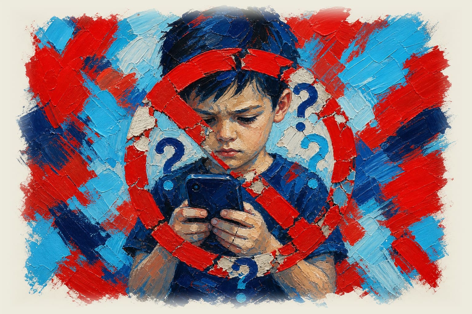 Young child holding smartphone with cracked prohibition symbol revealing question marks underneath