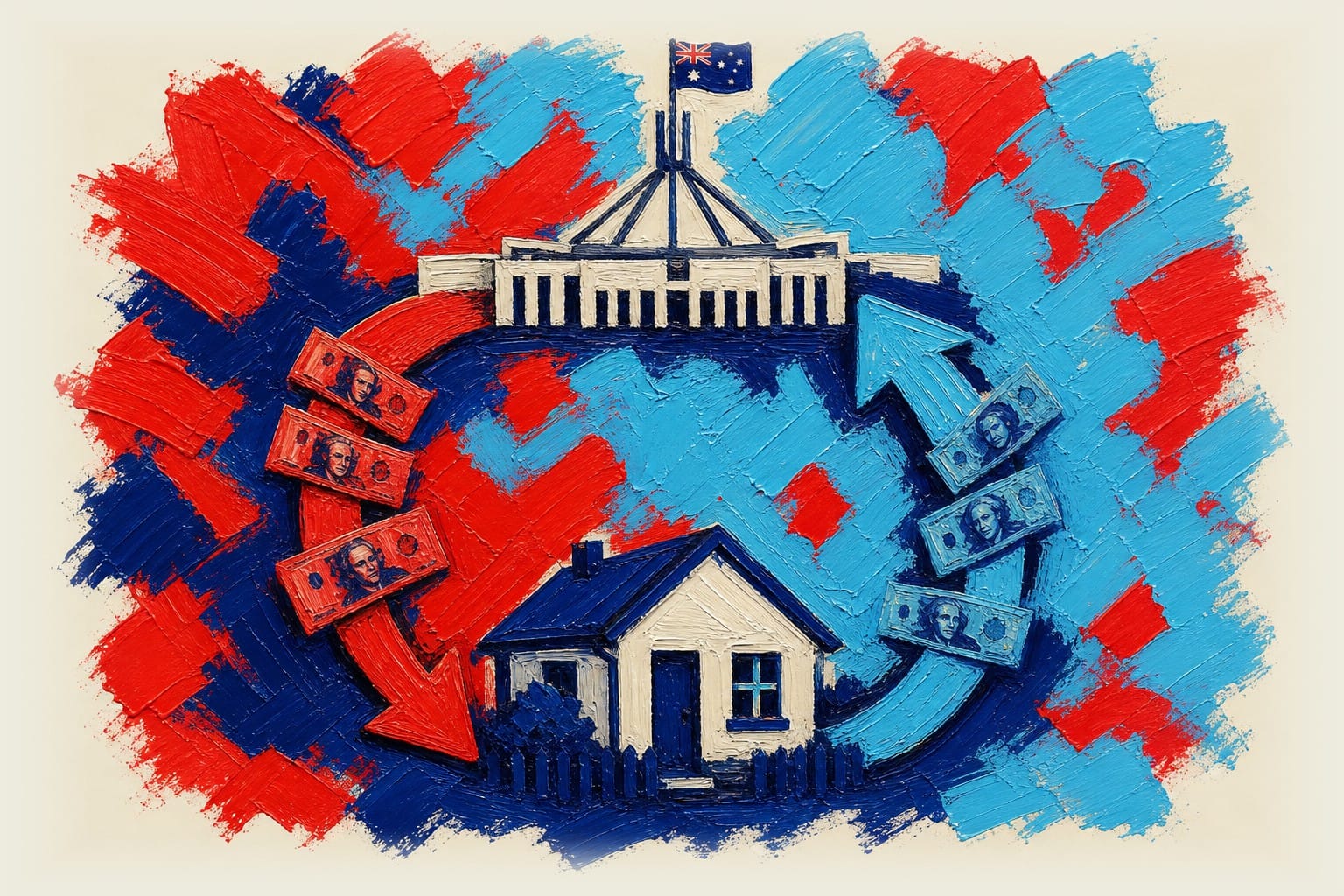 Circular diagram showing Australian money flowing between Parliament House and a house, illustrating monetary and fiscal poli