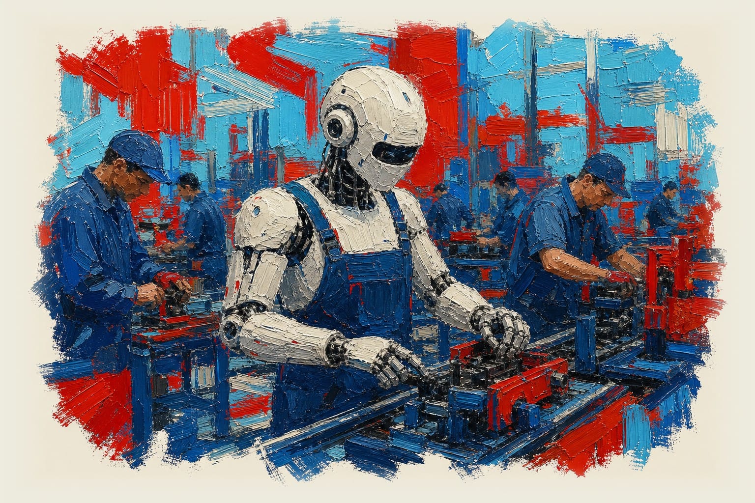 AI robot working alongside human workers on a factory floor