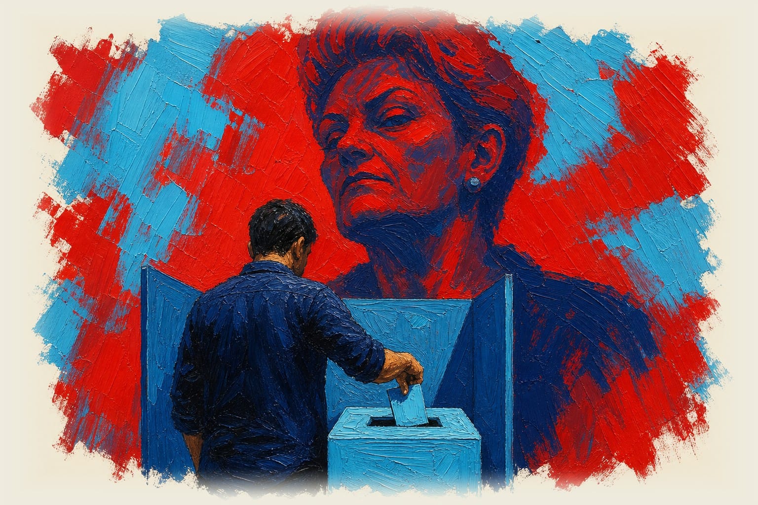 Voter's hand inserting ballot into box with large shadow of Pauline Hanson cast across voting booth wall behind them.