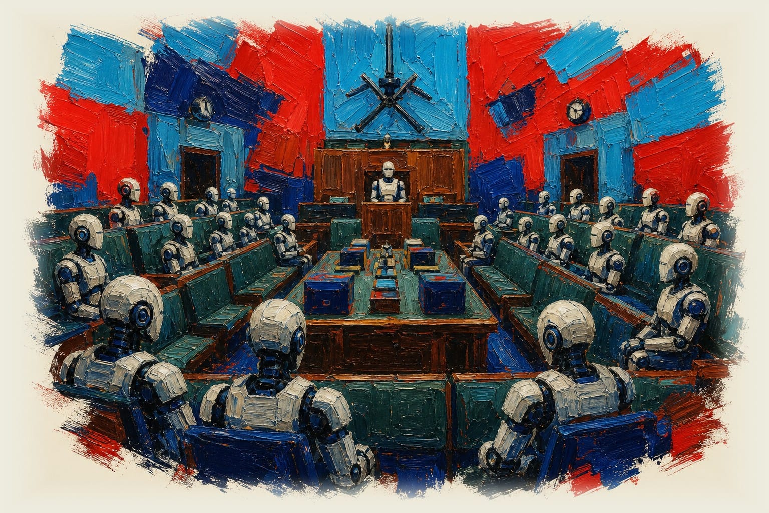 Humanoid robots seated in rows inside the Australian House of Representatives chamber.