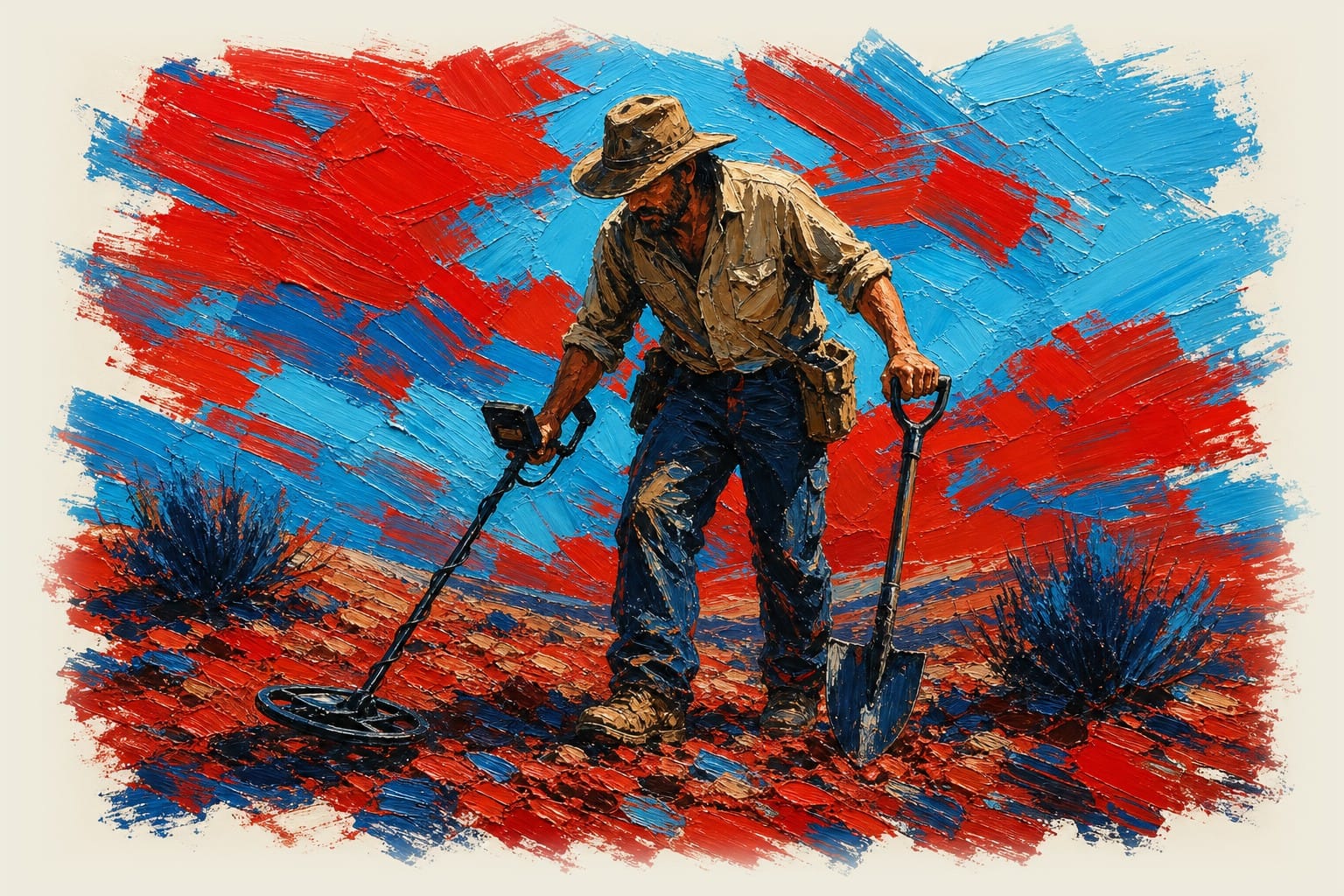 Prospector holding a shovel and metal detector, searching for minerals in Queensland