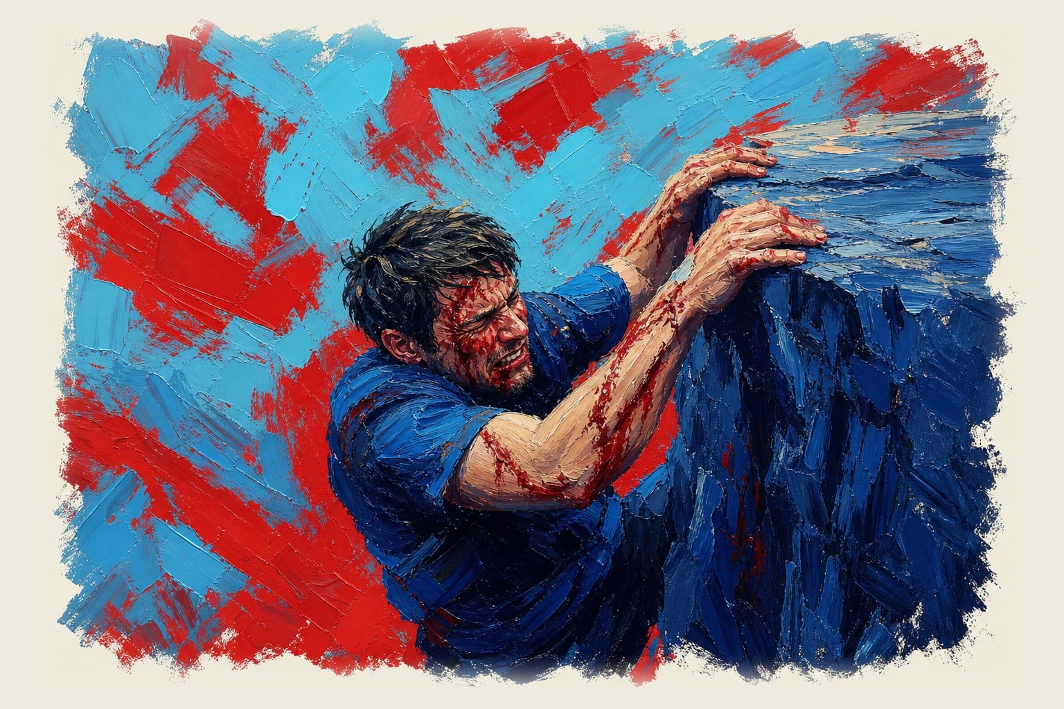 Person gripping cliff edge during fall, bruised and bloodied, showing the painful cost of economic shock therapy measures.