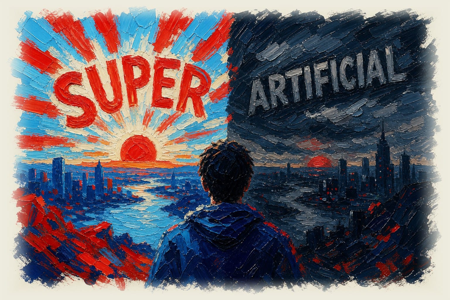 Split-screen comparison showing a figure under a bright sun labeled "SUPER" contrasted with a dimmer version labeled "ARTIFIC