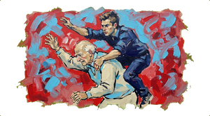Young man climbing over older man while both compete for auctioneer's attention
