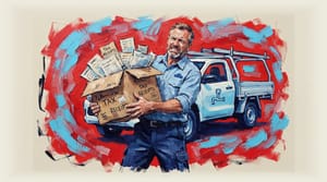 Australian plumber holding large box of tax receipts in front of work ute