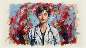 Doctor wearing stethoscope with Australian dollar notes hanging around neck