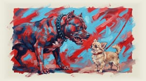 Small leashed dog facing large aggressive pitbull with CFMEU tattoos and studded collar